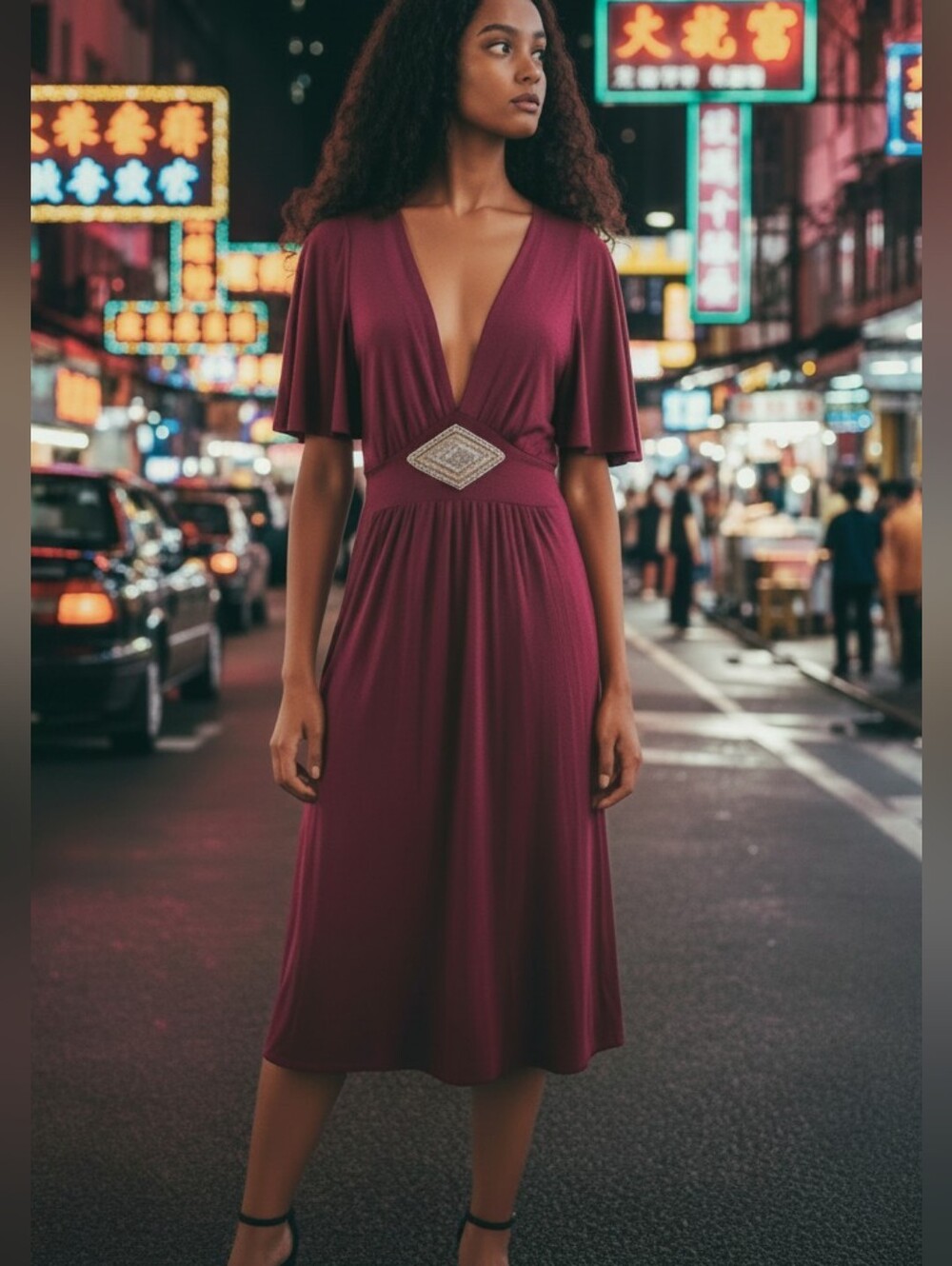 Wedding Guest Burgundy Flutter Sleeve V-Neck Tie Waist Midi Embellished Dress